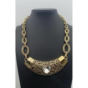 Gold Tone Chunky Etched Links And Pendant Statement Necklace 17-20”